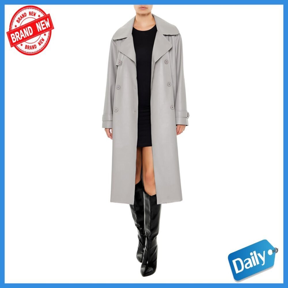 Faux Leather Trench Coat with Notched Lapels and Removable Belt